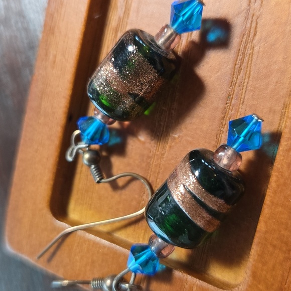 GREEN GOLD & BLUE HANDMADE ART GLASS EARRINGS ON COPPER WIRES - Picture 3 of 3